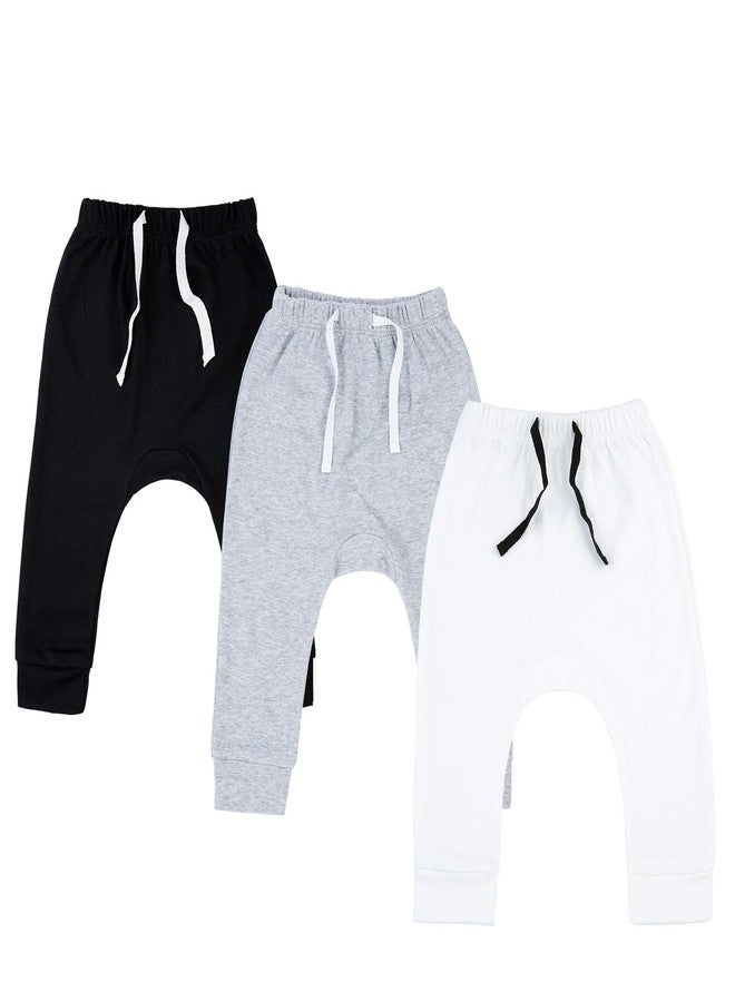 SOBOWO 18 Month Boys Pants Newborn Baby Boy Girl 3-Pack Joggers Infant Baby Cotton Harem Pants for Toddler Boys Girls Interlock 195 GSM (18-24 Months, Black/White/Grey) - Image 1